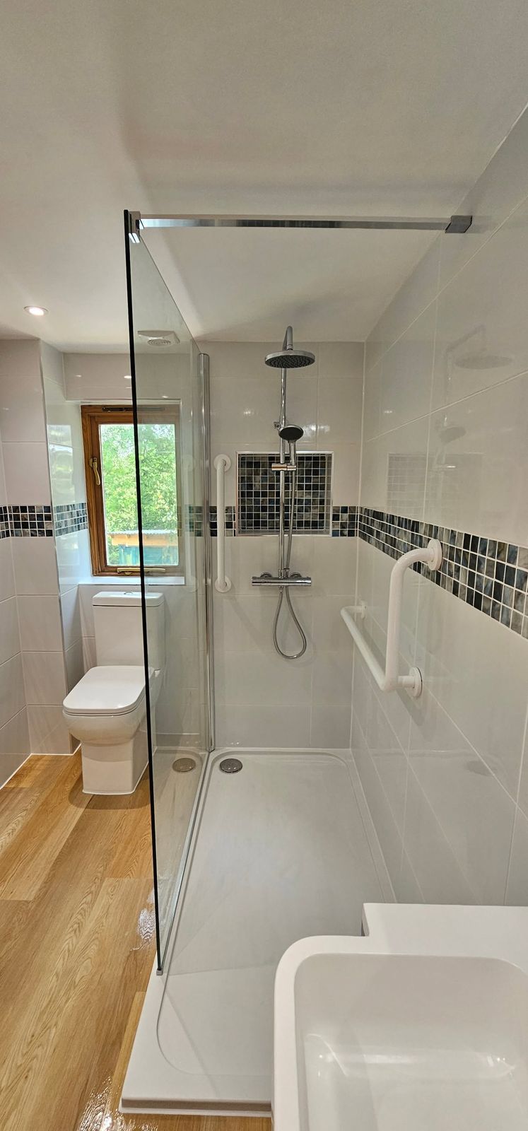 The finished bathroom with a walk-in shower, grab rails and a wood-effect floor